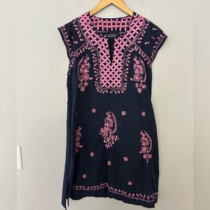 Madison Mathews Navy Blue Pink Embroidered Tunic Mini Dress